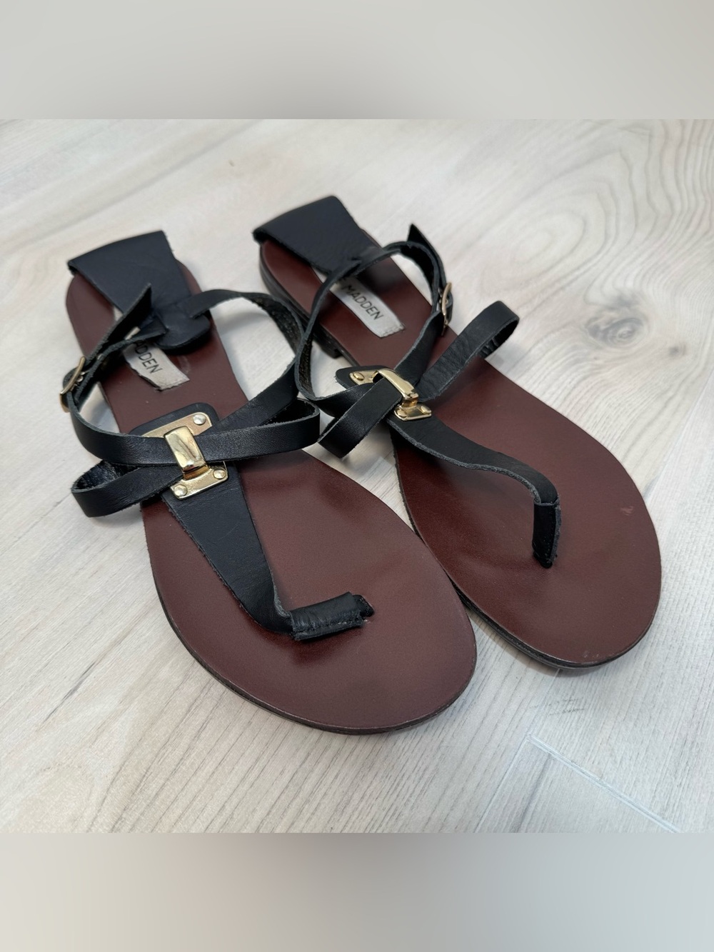 Steve Madden Black Leather T-Strap Sandals with Gold Hardware